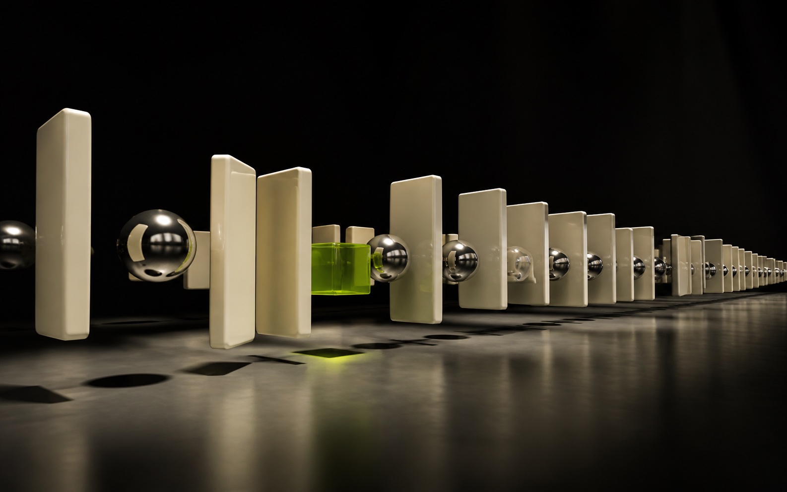 Ivory forms and silver spheres arranged in a dark space