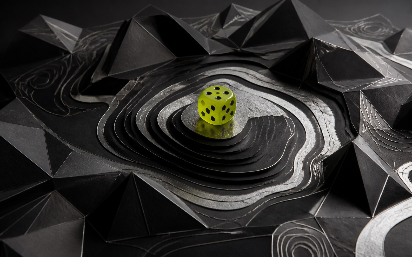 A lime die at the center of a dark topographic landscape